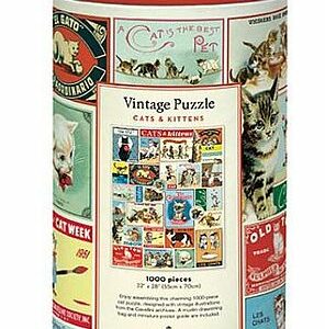 Puzzle Cavallini mosaïque d’images de chats d’après leurs images d’archives. 1000 pièces emballées dans un sachet en coton dans une boite tube déco. 1000 pièces 50 x 70 cm.