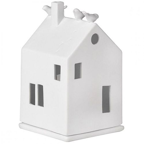 Photophore maison en biscuit de porcelaine blanche, avec détail d’oiseaux perchés au sommet du toit.      7 x 7 x 13 cm