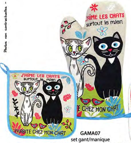 Set gant et manique “J’aime les chats”