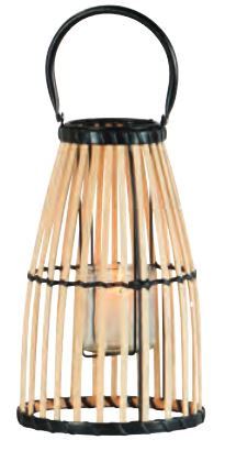 Lanterne en bambou, métal et verre avec bougie électrique.