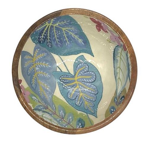 Saladier 18cm avec feuilles bleues, fleur orange/rose, bois de manguier
