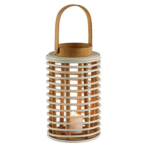 Lanterne cylindrique en bois naturel/blanc anse sur le dessus avec bougie électrique
