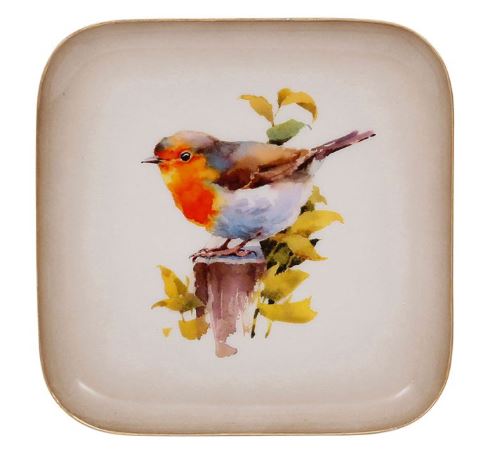 PLATEAU CARRE ROUGE-GORGE 16X16CM FER