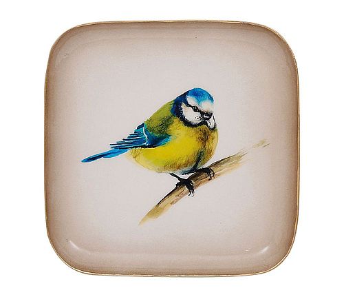 PLATEAU CARRE MESANGE BLEU+JAUNE+DORE 16X16CM FER
