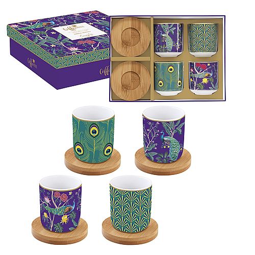 COFFRET 4 TASSES A CAFE 11 CL EN PORCELAINE AVEC SOUCOUPE EN BAMBOU IMPERIAL PEACOCK