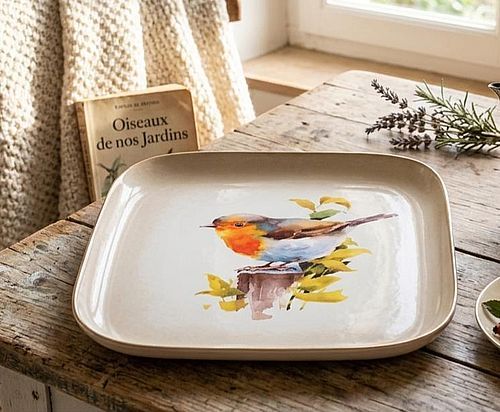 PLATEAU CARRE ROUGE-GORGE 16X16CM FER